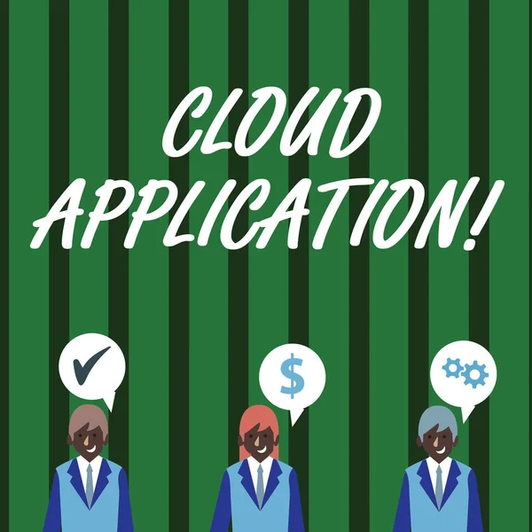 Text sign showing Cloud Application. Conceptual photo the software program where cloud computing works Businessmen Each has their Own Speech Bubble with Optimization Cost Icons.
