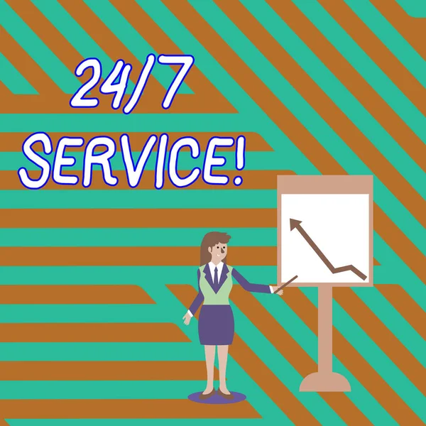 Word writing text 24 Or 7 Service. Business concept for service that is available any time and usually every day Businesswoman Holding Stick Pointing to Chart of Arrow Upward on Whiteboard. — 스톡 사진