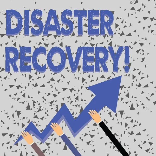 Word writing text Disaster Recovery. Business concept for helping showing affected by a serious damaging event Three Hands Holding Colorful Zigzag Lightning Arrow Pointing and Going Up. — 스톡 사진