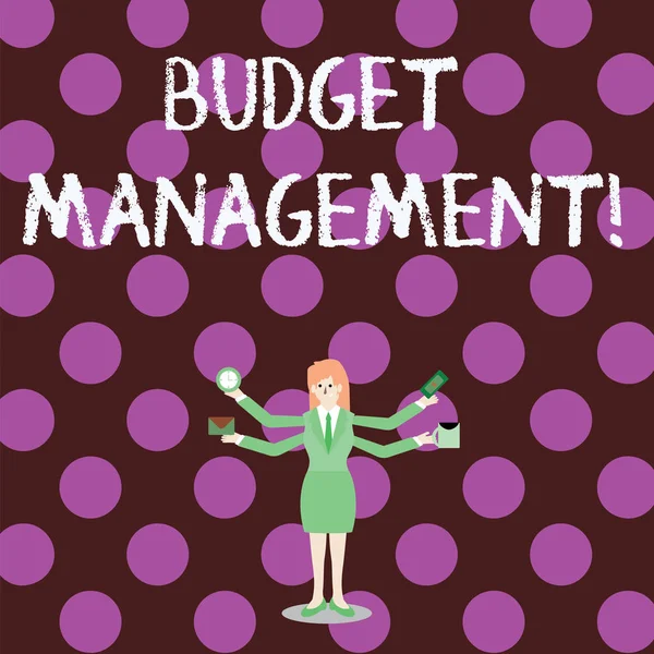 Word writing text Budget Management. Business concept for designing and implementing budget processes of a demonstrating Businesswoman with Four Arms Extending Sideways Holding Workers Needed Item.