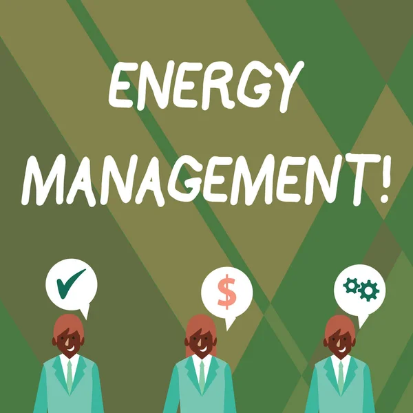 Word writing text Energy Management. Business concept for way of tracking and monitoring energy to conserve usage Businessmen Each has their Own Speech Bubble with Optimization Cost Icons.