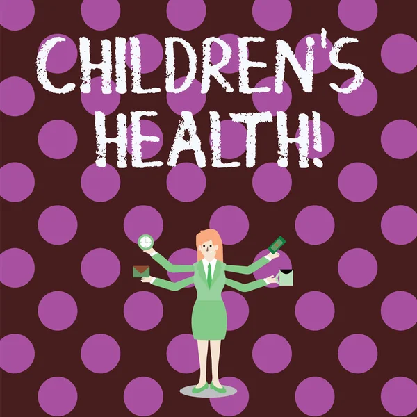 Texto de escritura de palabras Children S Is Health. Concepto de negocio para la condición del cabrito de estar libre de enfermedad o enfermedad Businesswoman con cuatro brazos extendiendo los lados que sostienen a trabajadores necesitados artículo . —  Fotos de Stock