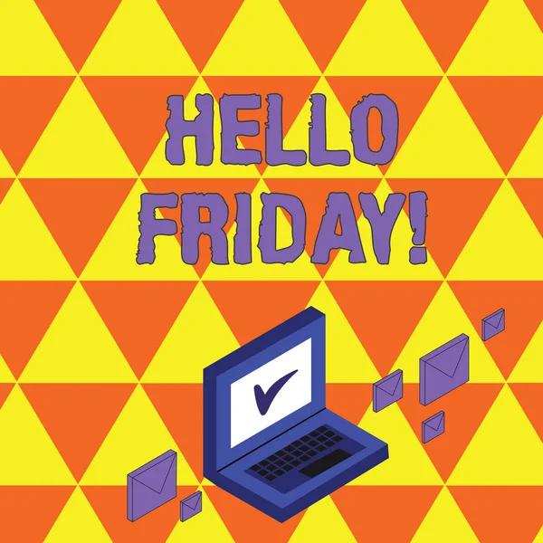 Text sign showing Hello Friday. Conceptual photo you say this for wishing and hoping another good lovely week Color Mail Envelopes around Laptop with Check Mark icon on Monitor Screen.