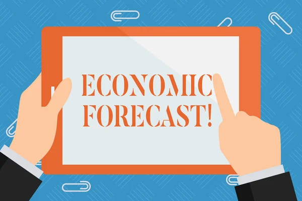 Conceptual hand writing showing Economic Forecast. Business photo showcasing attempting to predict the future condition of the economy Hand Holding Pointing Touching Color Tablet White Screen. — Stock Photo, Image