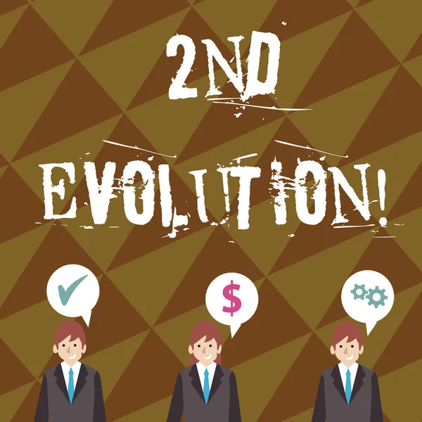 Writing note showing 2Nd Evolution. Business photo showcasing change in the heritable features of biological populations Businessmen has Speech Bubble with Optimization Cost Icons.