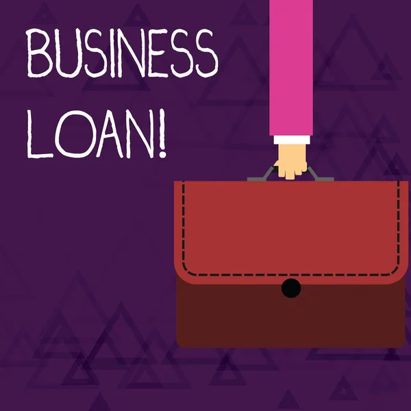 Writing note showing Business Loan. Business photo showcasing Loans provided to small businesses for various purposes Businessman Carrying Colorful Briefcase Portfolio Applique.
