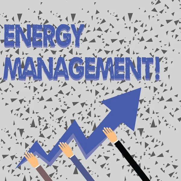 Szövegírás Energiagazdálkodás. Üzleti koncepció az energia nyomon követése és nyomon követése a használat megőrzése érdekében Háromkezes gazdaság Színes cikcakkos villám nyíl rámutatás és felmegy. — Stock Fotó