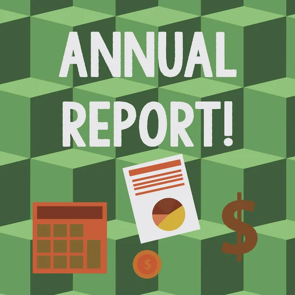 Handschrift tekst jaarverslag. Concept betekent financiële samenvatting van een bedrijf s is activiteiten tijdens het jaar computing dollar investering in goud en presenteren van gegevens Thru Pie Chart Graph. — Stockfoto