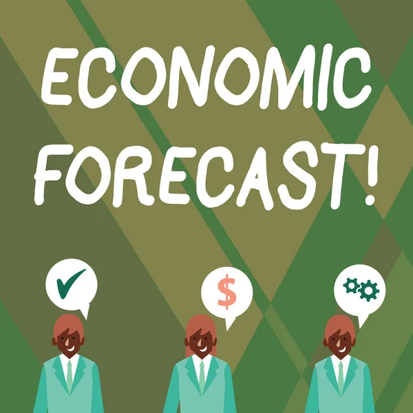 Word writing text Economic Forecast. Business concept for attempting to predict the future condition of the economy Businessmen Each has their Own Speech Bubble with Optimization Cost Icons.