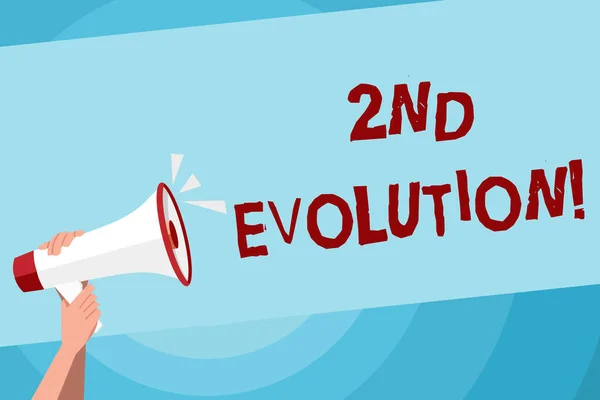 Text sign showing 2Nd Evolution. Conceptual photo change in the heritable features of biological populations Human Hand Holding Tightly a Megaphone with Sound Icon and Blank Text Space.