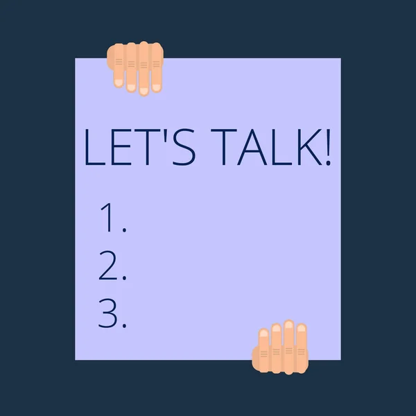 Znak tekstowy przedstawiający Let S Talk. Zdjęcie koncepcyjne proponują rozpoczęcie rozmowy na konkretny temat. — Zdjęcie stockowe