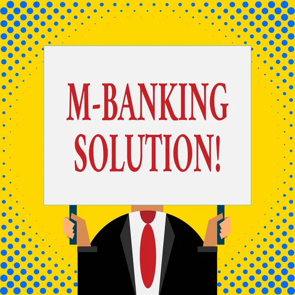 Texto para escrita de palavras M Solução Bancária. Conceito de negócio para bancos acessados através de uma aplicação no smartphone . — Fotografia de Stock