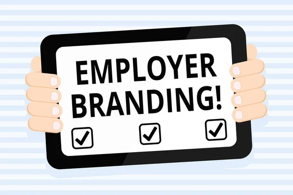 Γραπτό σημείωμα που δείχνει Employer Branding. Επαγγελματική φωτογραφία προβάλλοντας διαδικασία της άρθρωσης της εταιρείας σας s είναι μοναδικό μήνυμα Χρώμα Tablet Smartphone με οθόνη χειρός Πίσω από Gadget. — Φωτογραφία Αρχείου