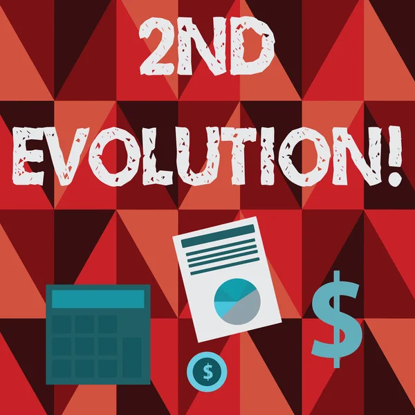 Conceptuele hand schrijven met de 2de evolutie. Zakelijke foto tekst verandering in de erfelijk kenmerken van biologische populaties dollar investering in goud en presenteren van gegevens Thru cirkeldiagram. — Stockfoto