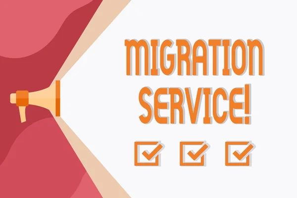 Conceptual hand writing showing Migration Service. Business photo showcasing moving of company data to a cloud service providers Megaphone Extending Capacity of Volume Range thru Wide Beam. — 스톡 사진