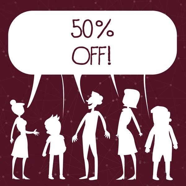 Handwriting text writing 50 Percent Off. Concept meaning 50 percent reduction on the original price of a product Silhouette Figure of People Talking and Sharing One Colorful Speech Bubble.