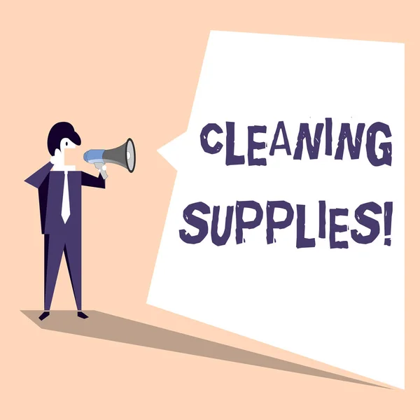 Handwriting text Cleaning Supplies. Concept meaning substances usually liquids used to remove dirt and dust Businessman Shouting on Megaphone and Blank White Uneven Shape Speech Bubble.