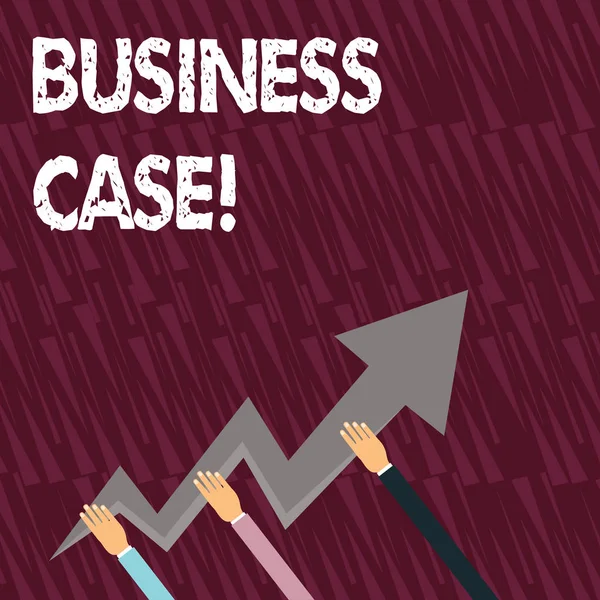 Signo de texto que muestra Business Case. Foto conceptual proporciona justificación para llevar a cabo un proyecto o programa Tres manos sosteniendo colorido Zigzag Flecha del rayo señalando y subiendo . — Foto de Stock