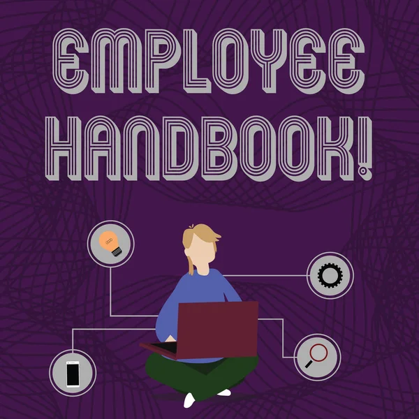 Word writing text Employee Handbook. Business concept for states the rules and regulations and policies of a company Woman Sitting Crossed Legs on Floor Browsing the Laptop with Technical Icons. — 스톡 사진