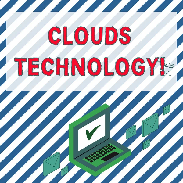 Текст "Clouds Technology". Концепція ділових ресурсів, отримана з інтернету через веб-сайт Color Mail Envelopes навколо Laptop з іконою Check Mark на екрані монітора. — стокове фото