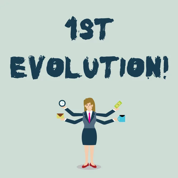 Handwriting text 1St Evolution. Concept meaning Change in the genetic features of biological populations Businesswoman with Four Arms Extending Sideways Holding Workers Needed Item.