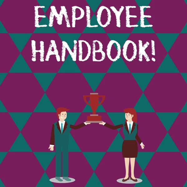 Signo de texto que muestra Manual de Empleados. Foto conceptual establece las reglas y regulaciones y políticas de una empresa Hombre y Mujer en Traje de Negocios Manteniendo Juntos el Campeonato Trofeo Copa . — Foto de Stock