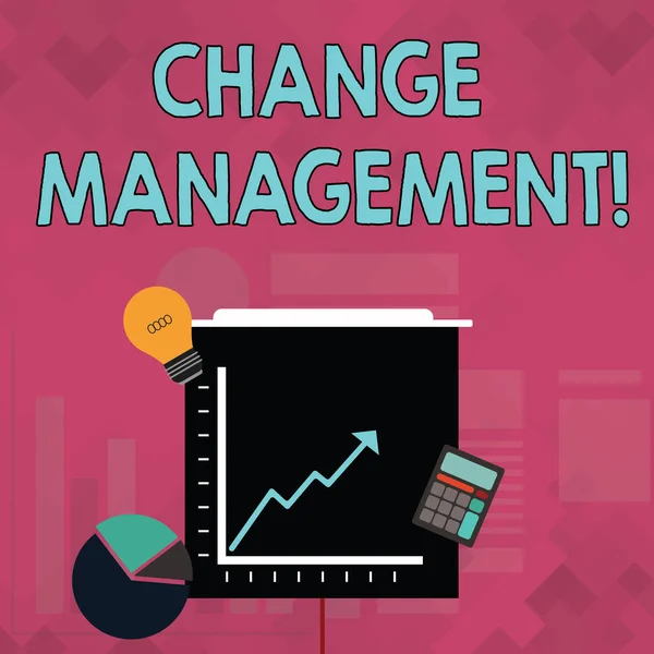 Szövegírás Change Management. Üzleti koncepció a Pite and Line Chart to Arrow Going Up, Izzó, Kalkulátor átmeneti beruházási ikonjainak módszeres megközelítéséhez. — Stock Fotó