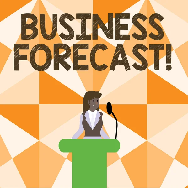 Woord schrijven tekst Business Forecast. Bedrijfsconcept voor inschatting of voorspelling van toekomstige ontwikkelingen in het bedrijfsleven Zakenvrouw Staande achter Podium Rostrum Spreken over draadloze microfoon. — Stockfoto