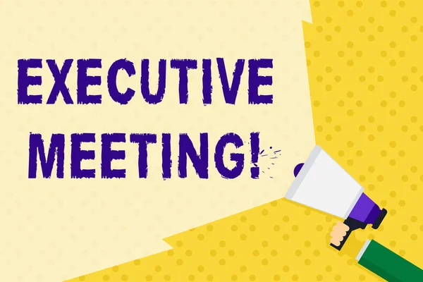 Text sign showing Executive Meeting. Conceptual photo discuss a specific topic with boards and general members Hand Holding Megaphone with Blank Wide Beam for Extending the Volume Range.
