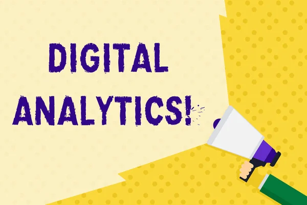 Text sign showing Digital Analytics. Conceptual photo the analysis of qualitative and quantitative data Hand Holding Megaphone with Blank Wide Beam for Extending the Volume Range.