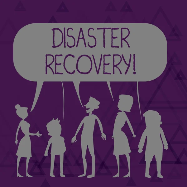 Writing note showing Disaster Recovery. Business photo showcasing helping showing affected by a serious damaging event Figure of People Talking and Sharing Colorful Speech Bubble. — 스톡 사진