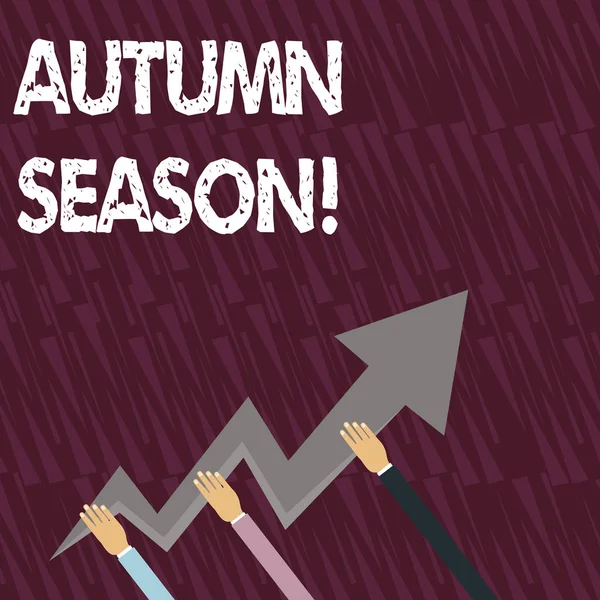 Szöveges jel mutatja őszi szezon. Konceptuális fotó ez a szezon után a nyár, amikor elhagyja a fákból lehulló három kéz színes Zigzag villám nyíl mutatva és megy fel. — Stock Fotó