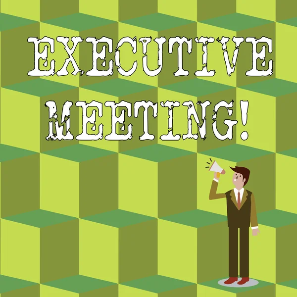 Handwriting text Executive Meeting. Concept meaning discuss a specific topic with boards and general members Businessman Looking Up, Holding and Talking on Megaphone with Volume Icon.