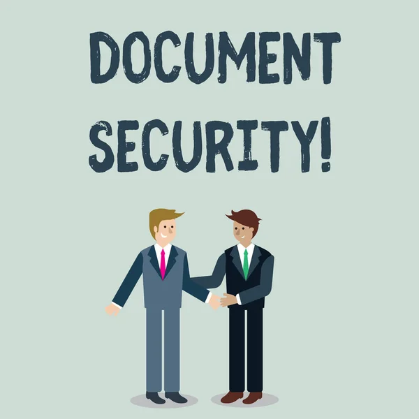 Piszę notatkę pokazującą Bezpieczeństwo Dokumentów. Business photo showcasing oznacza, że ważne dokumenty są składane lub przechowywane Biznesmeni uśmiechający się i witający się przez uścisk dłoni. — Zdjęcie stockowe
