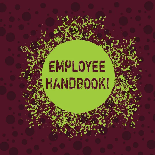 Word writing text Employee Handbook. Business concept for states the rules and regulations and policies of a company Disarrayed and Jumbled Musical Notes Icon Surrounding Blank Colorful Circle. — 스톡 사진