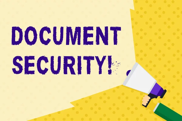 Text sign showing Document Security. Conceptual photo means in which important documents are filed or stored Hand Holding Megaphone with Blank Wide Beam for Extending the Volume Range.