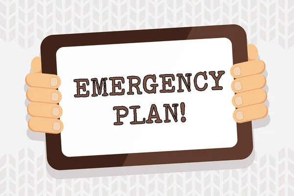 Handwriting text writing Emergency Plan. Concept meaning actions developed to mitigate damage of potential events Color Tablet Smartphone with Blank Screen Handheld from the Back of Gadget. — Stock Photo, Image