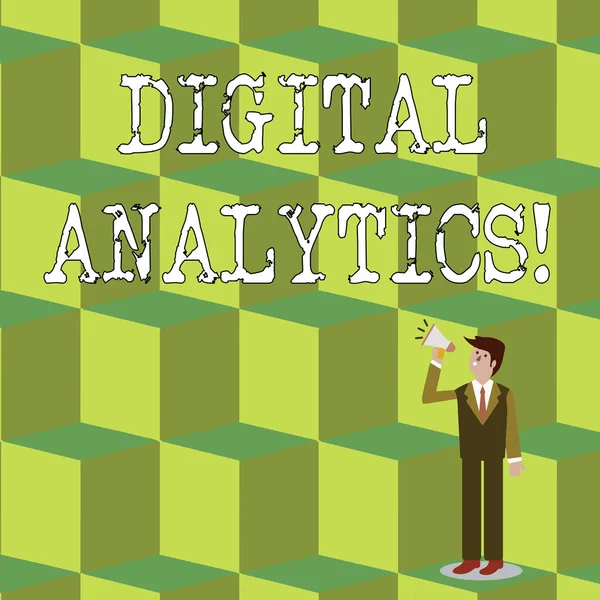 Handwriting text Digital Analytics. Concept meaning the analysis of qualitative and quantitative data Businessman Looking Up, Holding and Talking on Megaphone with Volume Icon.