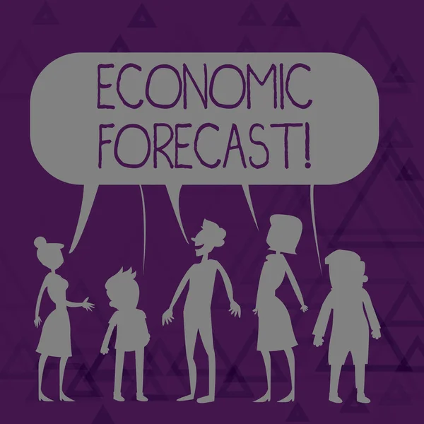 Writing note showing Economic Forecast. Business photo showcasing attempting to predict the future condition of the economy Figure of People Talking and Sharing Colorful Speech Bubble. — Stock Photo, Image