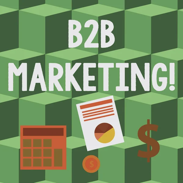 手写文本 B2b 市场营销。概念含义，即向企业或其他组织营销产品 计算黄金美元投资，通过饼图图呈现数据. — 图库照片