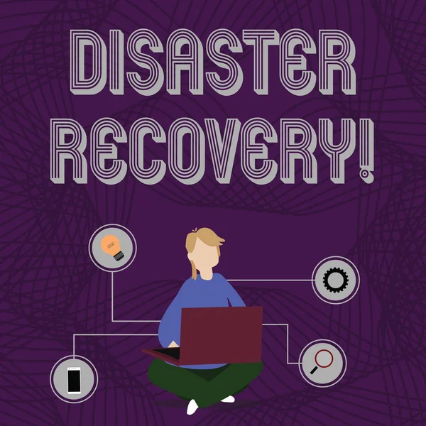 Word writing text Disaster Recovery. Business concept for helping showing affected by a serious damaging event Woman Sitting Crossed Legs on Floor Browsing the Laptop with Technical Icons. — 스톡 사진