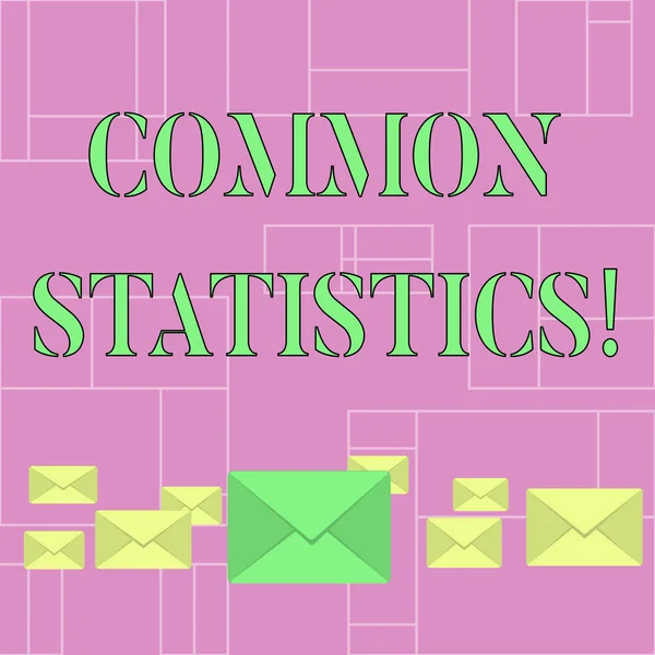 Conceptual hand writing showing Common Statistics. Business photo showcasing used to calculate values related to statistical concepts Color Envelopes in Different Sizes with Big one in Middle.