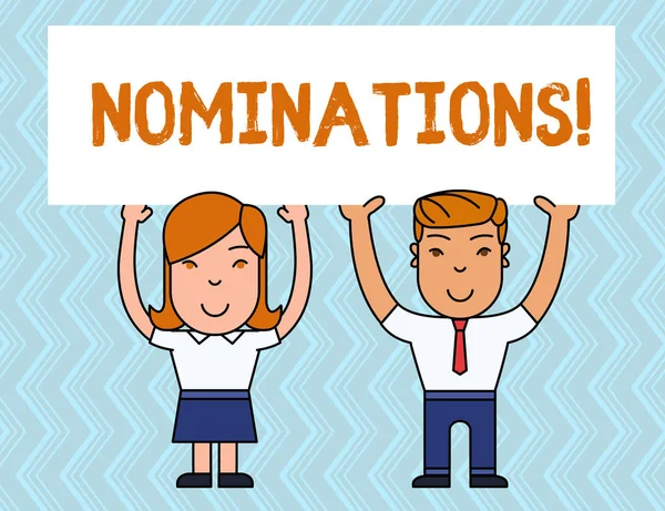 Writing note showing Nominations. Business photo showcasing action of nominating or state being nominated for prize. — Stock Photo, Image