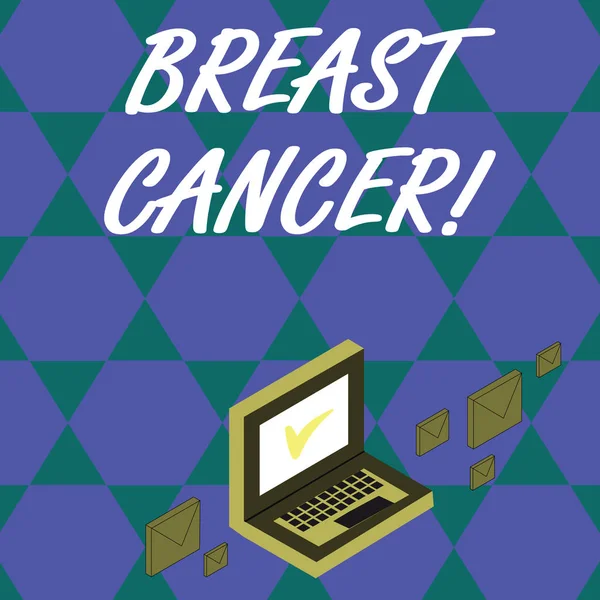Tekst pisma odręcznego rak piersi. Pojęcie znaczenie Złośliwy guz wynikający z komórek piersi kolor koperty mail wokół laptopa z ikoną znacznika wyboru na ekranie monitora. — Zdjęcie stockowe
