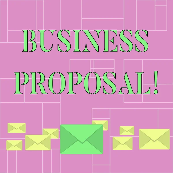 Conceptual hand writing showing Business Proposal. Business photo showcasing written offer from a seller to a prospective buyer Color Envelopes in Different Sizes with Big one in Middle.