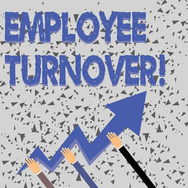 Word writing text Employee Turnover. Business concept for the percentage of workers who leave an organization Three Hands Holding Colorful Zigzag Lightning Arrow Pointing and Going Up. — 스톡 사진
