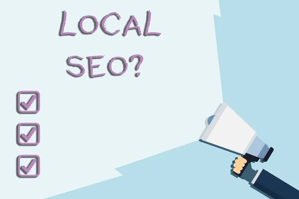 Writing note showing Local Seoquestion. Business photo showcasing incredibly effective way to market your local business online Hand Holding Megaphone with Wide Beam Extending the Volume.
