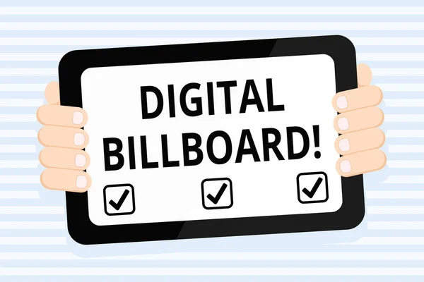 Writing note showing Digital Billboard. Business photo showcasing billboard that displays digital images for advertising Color Tablet Smartphone with Screen Handheld Back of Gadget.