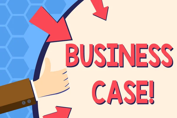 Writing note showing Business Case. Business photo showcasing provides justification for undertaking a project or program Hand Gesturing Thumbs Up Holding on Round Shape with Arrows.