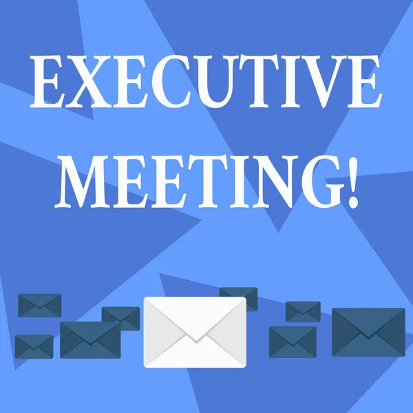 Writing note showing Executive Meeting. Business photo showcasing discuss a specific topic with boards and general members Color Envelopes in Different Sizes with Big one in Middle.